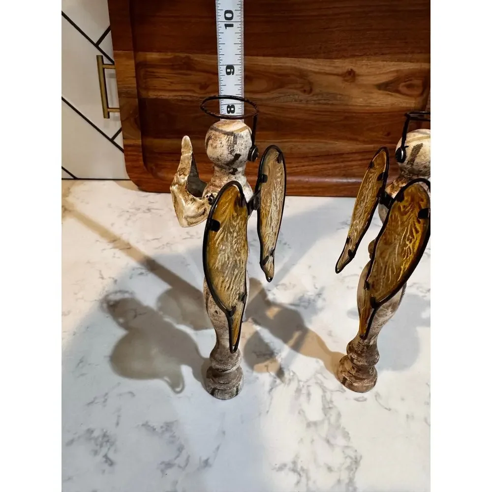 Vintage-Inspired Spool Spindle Flower Angel Ornament wood body glass wings x2